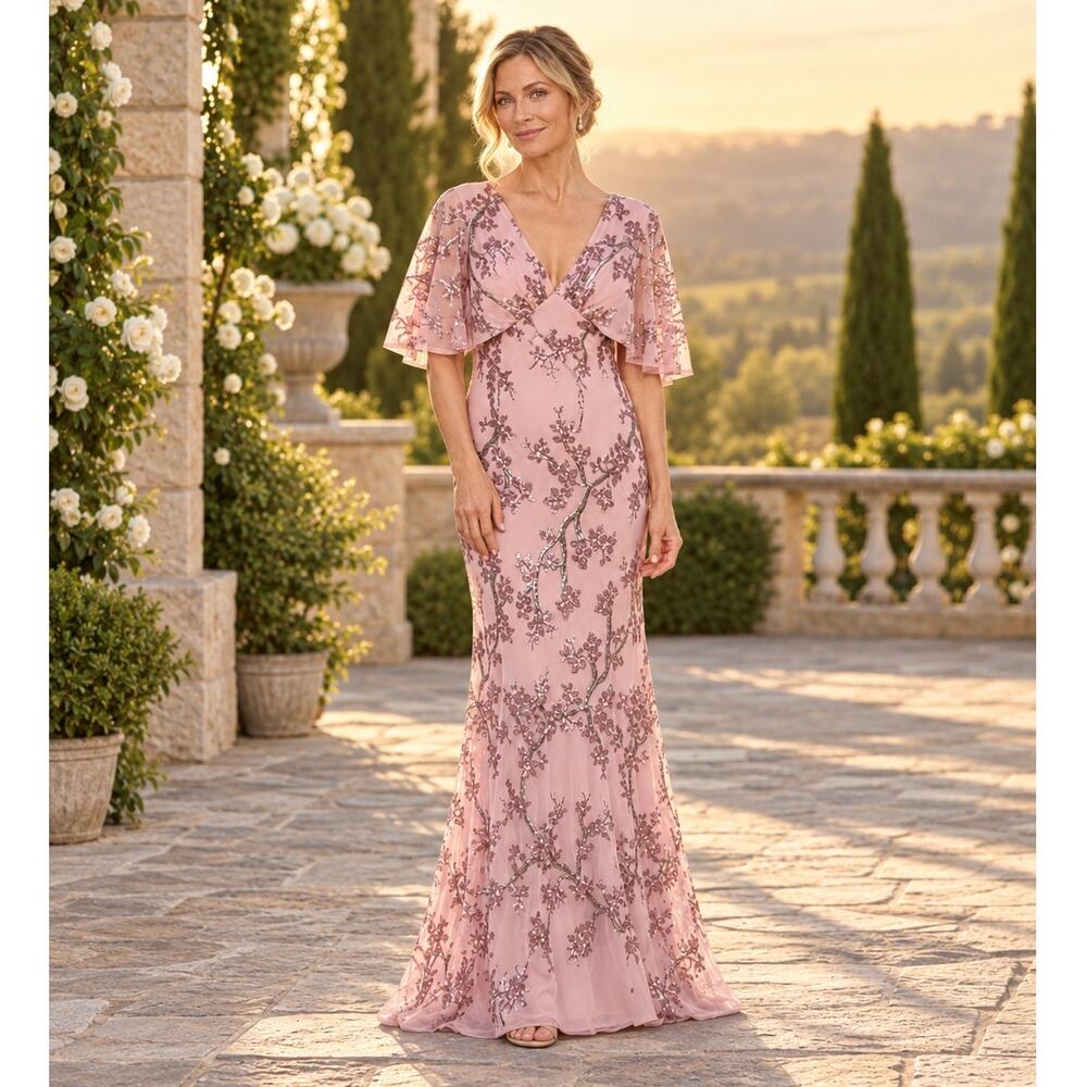 R&M Richards Rose Floral Sequin Capelet Mother Bride Groom Evening Gown 12 NWT